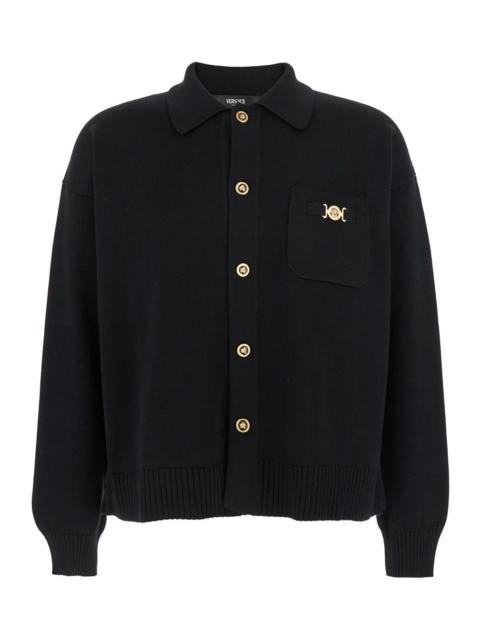 VERSACE Versace Men Black Cardigan With Classic Collar And Logo Plaque On The Front In Cashmere And Cotton B