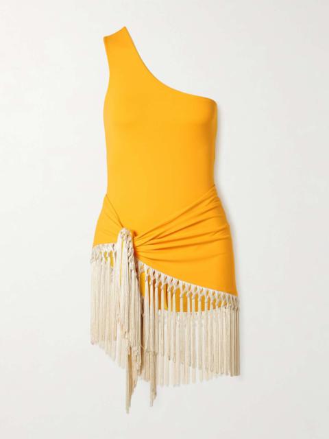 Yacare one-shoulder swimsuit and fringed pareo set Saffron