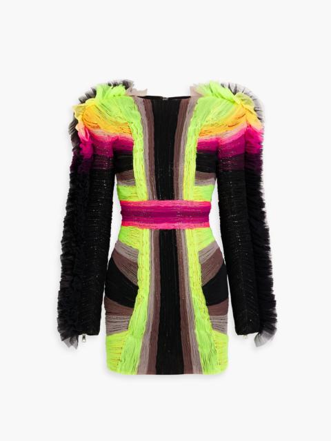 Balmain Crystal-embellished striped plissé-tulle mini dress
