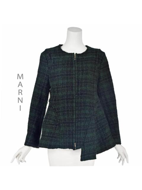Marni Green & Black Wool Plaid Asymmetrical Zipper Jacket