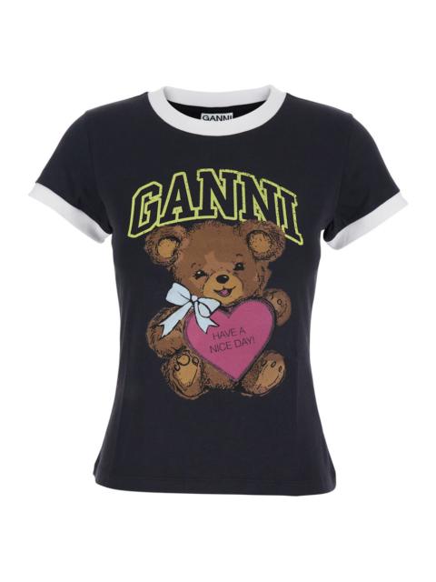 GANNI Ganni Women Black Crewneck T-Shirt With Maxi Logo On The Front In Cotton Jersey Woman