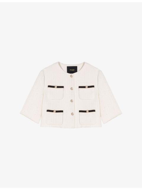 maje Patch-Pocket Button-Down Short Tweed Jacket