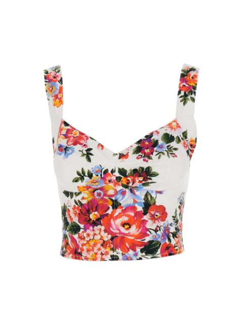 Dolce & Gabbana Multicolore Bustier Top With V-neck And All-over Floral Print In Cotton Woman