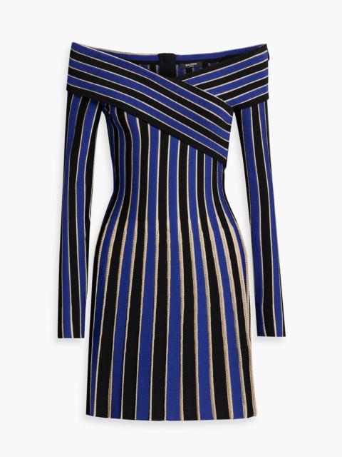 Balmain Off-the-shoulder metallic striped ribbed-knit mini dress