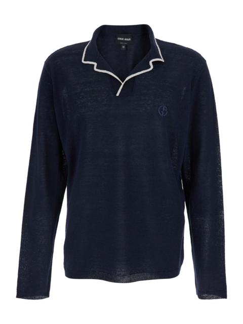 GIORGIO ARMANI Giorgio Armani Men Blue Sweater With Contrasting Collar And Logo Embroidery On The Front In Linen An