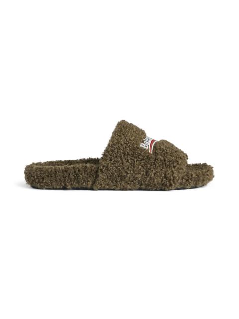 BALENCIAGA Men's Furry Slide Sandal in Army Green/white/red