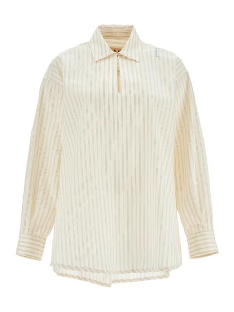 Marni Ivory Striped Cotton Top With Embroidered Logo Women