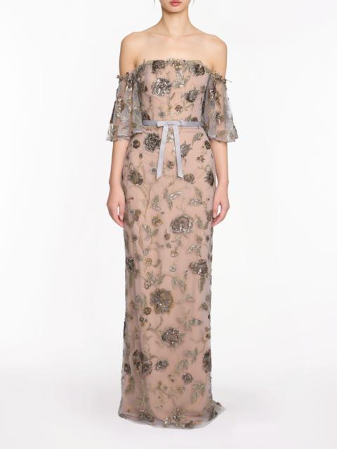 Marchesa OFF THE SHOULDER BEADED ILLUSION COLUMN GOWN