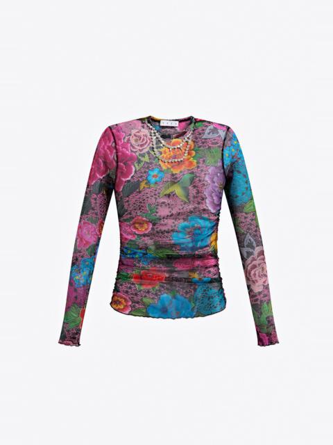 AREA CRYSTAL EMBELLISHED PRINTED TULLE LONG SLEEVE TOP