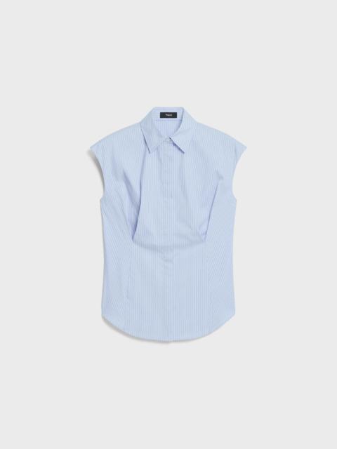 Cinched Cap-Sleeve Shirt in Striped Cotton-Blend
