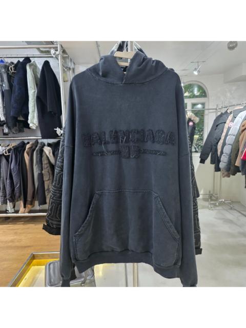 BALENCIAGA Balenciaga Black Distressed Wash Appliqué Logo Hooded Sweater