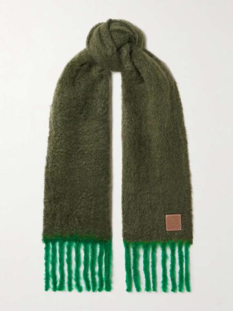 Fringed leather-trimmed mohair-blend scarf Green