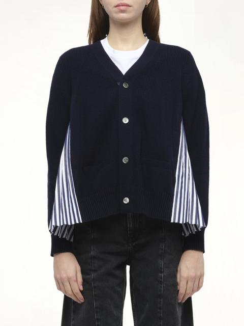 sacai Wool Knit x Cotton Poplin Cardigan in Navy/NavyStripe