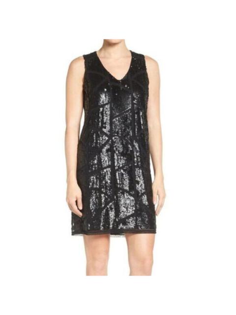 Other Designers Halogen Black Sequin Dress V Neck Sleeveless Shift Cocktail Dress SZ S NWT