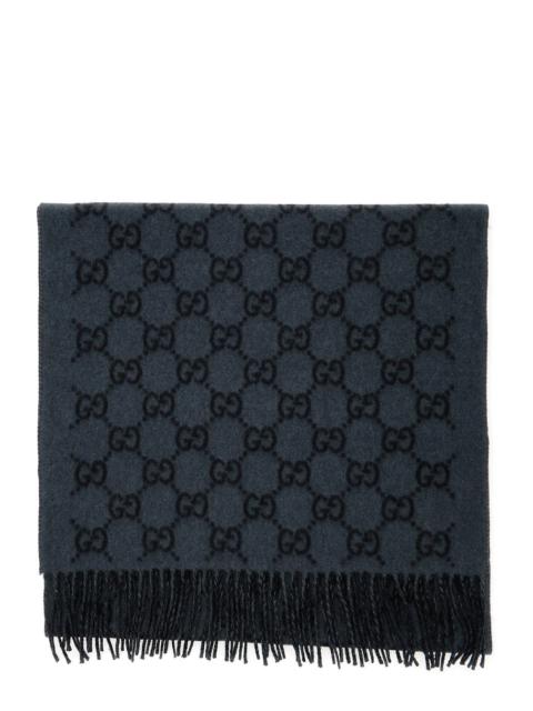 GUCCI Gucci Men Grey Scarf With Fringed Hem And Gg Motif Jacquard In Cashmere Man