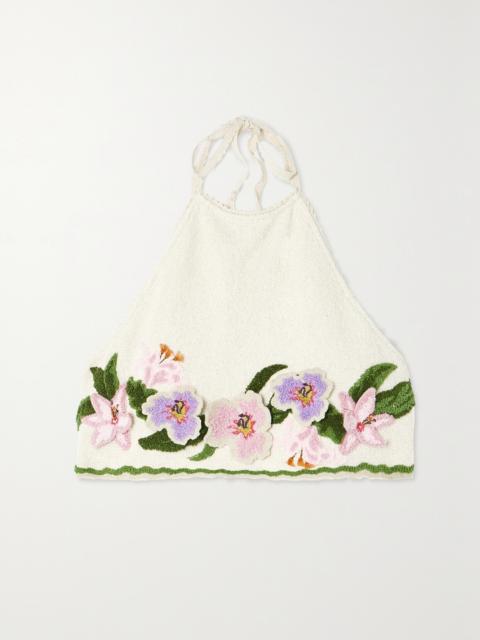 Agua by Agua Bendita + Net Sustain Carlota Flora Cropped Appliquéd Cotton-blend Bouclé Halterneck Top