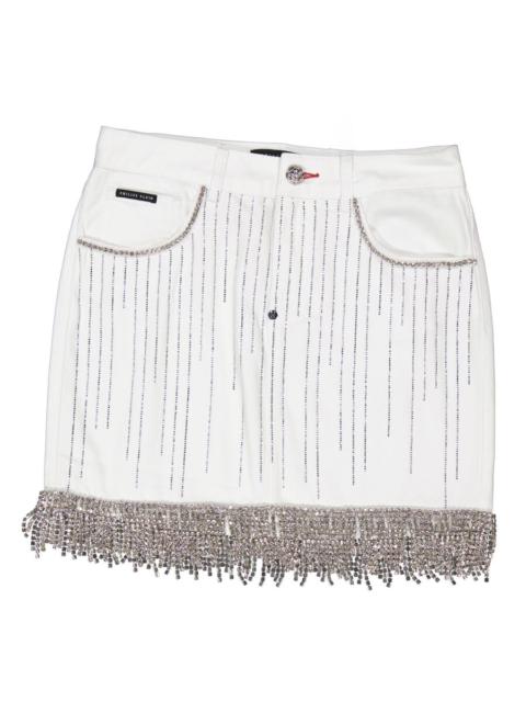 PHILIPP PLEIN Open Box - Philipp Plein White Crystal Fringe Denim Skirt, Waist Size 26"
