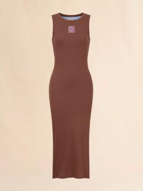 Marni BROWN RIBBED COTTON MIDI DRESS WITH MARNI FRAME LOGO