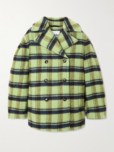 GANNI Oversized Double-breasted Checked Brushed-wool Coat