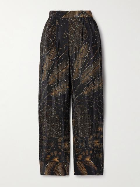 FARM RIO Crystal-embellished Printed Crepe De Chine Straight-leg Pants