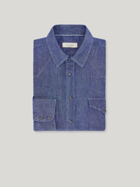 Canali BLUE COTTON-LINEN DENIM REGULAR-FIT SHIRT WITH SNAP BUTTONS