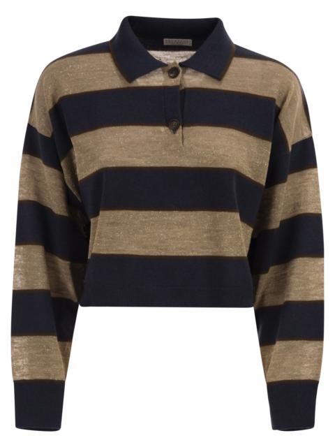Brunello Cucinelli Brunello Cucinelli Women Sparkling Stripes Cropped Polo Shirt In Virgin Wool, Cashmere And Linen Kni