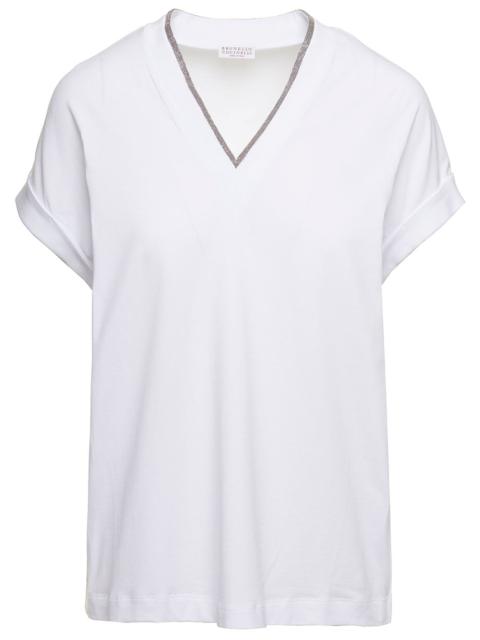 Brunello Cucinelli Women White V-Neck T-Shirt With  Monile Detail In Stretch Cotton Woman Brunello C