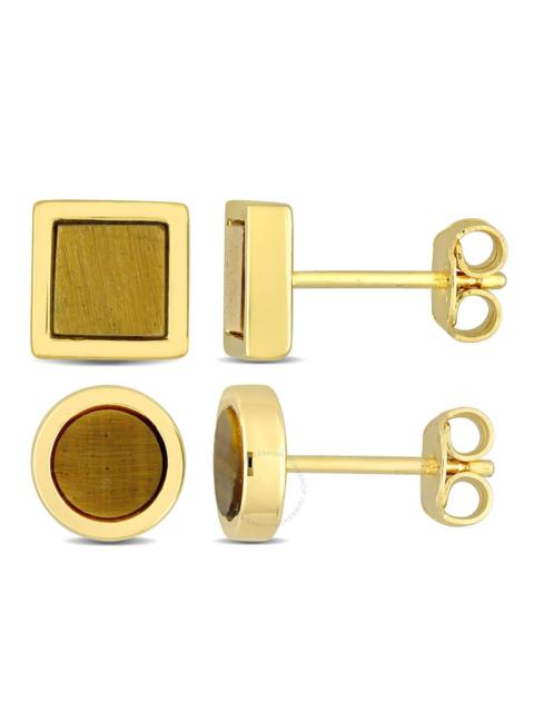 Other Designers Amour Men's 2-Piece Set 1 5/8ct Tigers Eye Square and Round Stud Earrings in Yellow Silver
