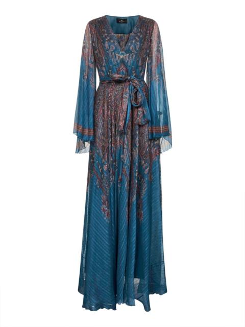 Etro Etro Women Light Blue Paisley Print Pekin Crepon Long Dress