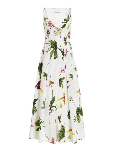 Oscar de la Renta Sleeveless V Neck Orchids Poplin Zip Front Dress floral