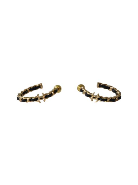 CHANEL Chanel Woven Leather Metal Chain Hoop Earrings Gold Black