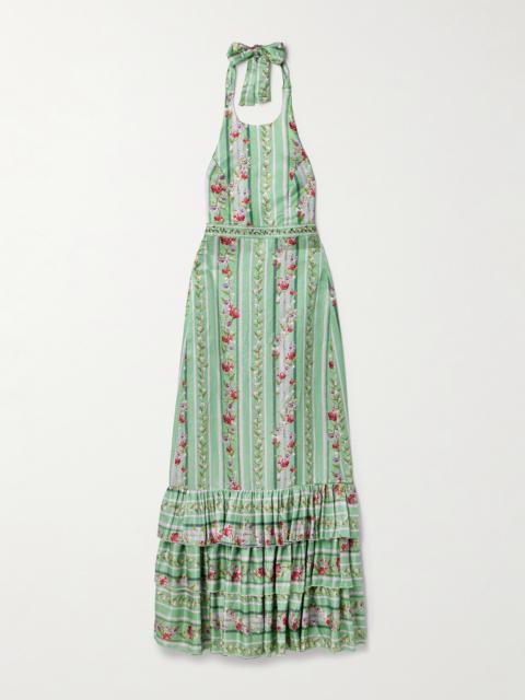 Agua by Agua Bendita Magnolia Honeysuckle Tiered Embroidered Floral-print Linen And Silk-blend Halterneck Maxi Dress