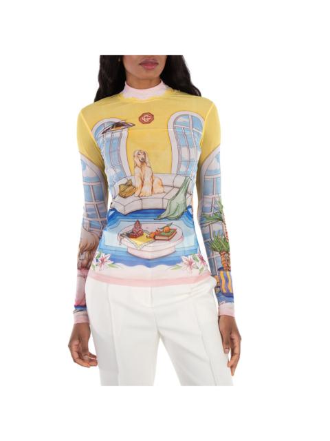 CASABLANCA Casablanca Illustration-Style Print Mesh Top