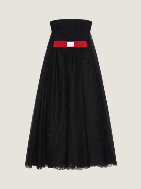 BUSTIER CAPE BACK EVENING DRESS IN LACE