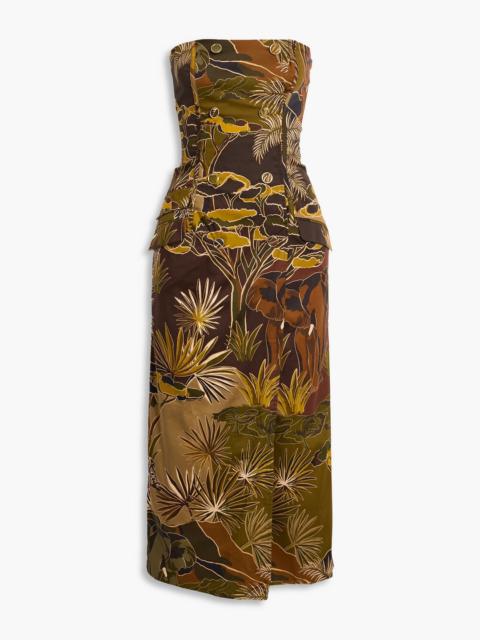 FARM RIO Strapless printed cotton-blend midi dress