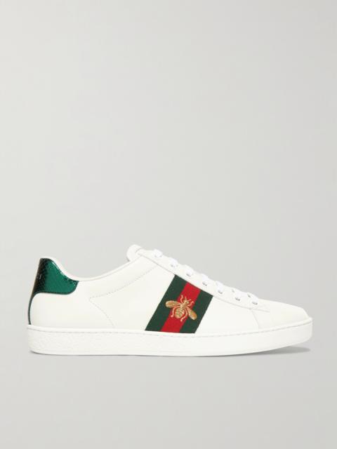 GUCCI Ace Watersnake-trimmed Embroidered Leather Sneakers