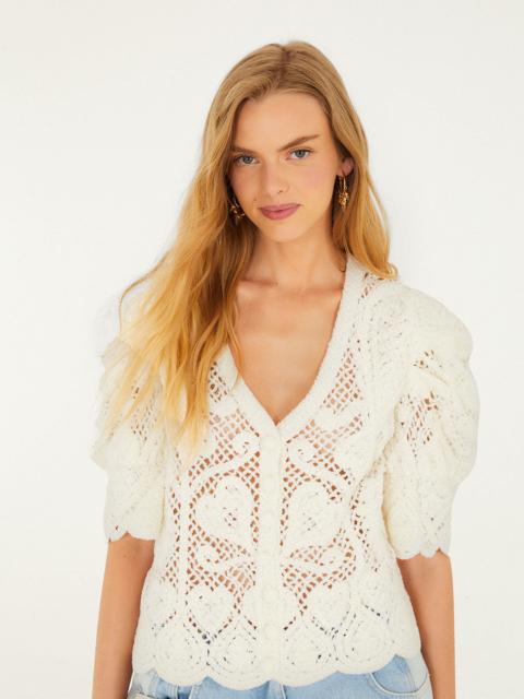 FARM RIO Off-White Rococo Hearts Crochet Cardigan