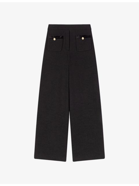 maje Velvet-Stripe Wide-Leg Tweed Trousers
