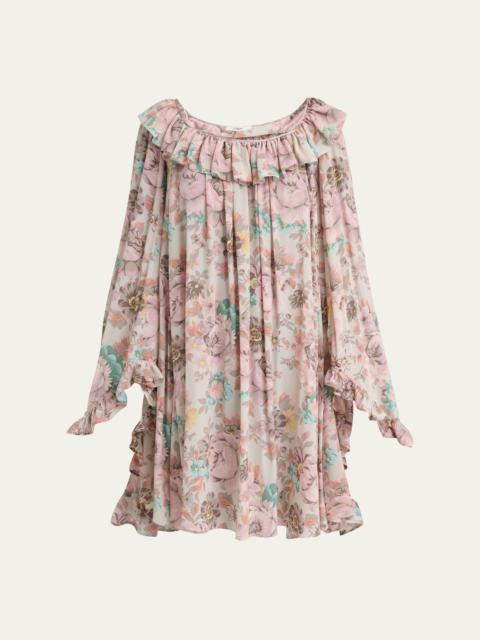 Ruffle-Trim Silk Mini Shift Dress