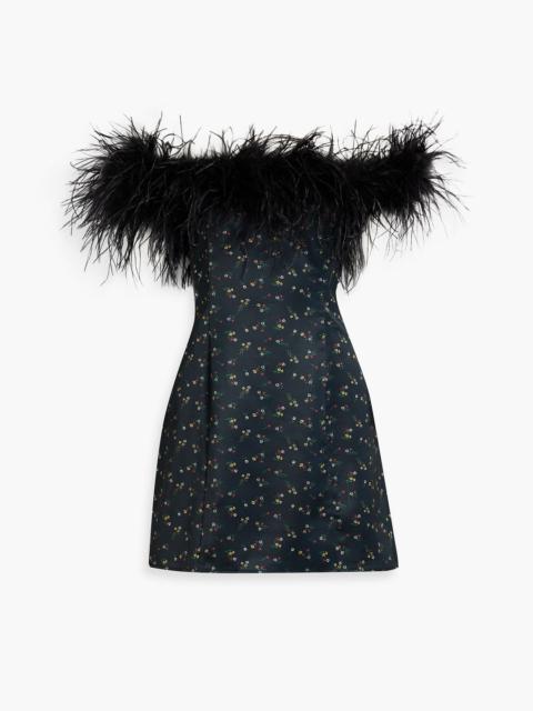 Other Designers Sadie off-the-shoulder feather-trimmed floral-print satin mini dress