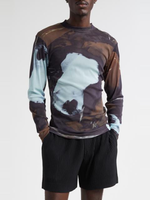 ISSEY MIYAKE Homme Plissé Issey Miyake Agate Print Sheer Mesh Long Sleeve Shirt in Brown at Nordstrom