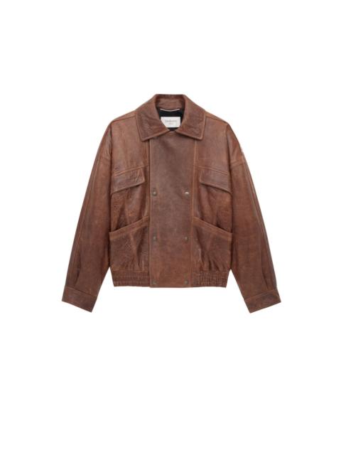 SAINT LAURENT SAINT LAURENT $6700 Brun Chene/Marron Leather Bomber Jacket