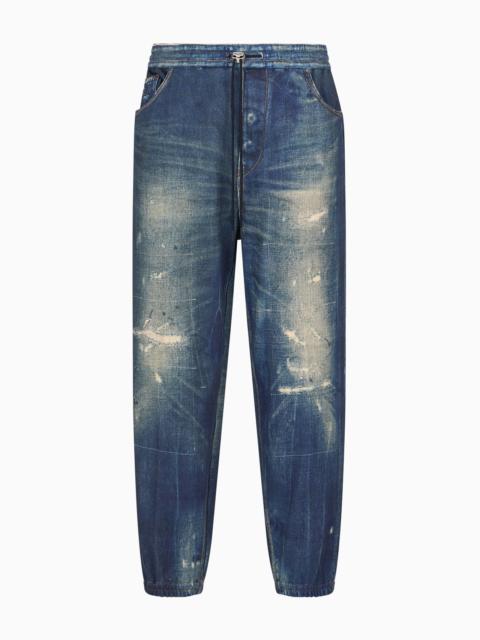 EMPORIO ARMANI Worn denim-effect French terry jersey joggers