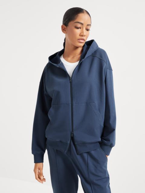 Stretch cotton lightweight French terry hooded sweatshirt with zipper and shiny trims