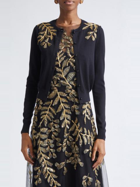 CAROLINA HERRERA Carolina Herrera Leaf Embroidered Silk & Cotton Cardigan in Black/Gold at Nordstrom