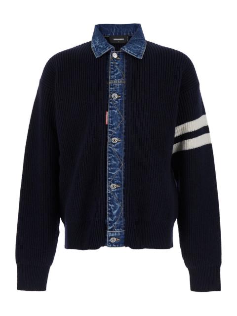 DSQUARED2 Dsquared2 Men Blue Cardigan With Denim Panels And Striped Details On The Sleeve In Wool And Cashmere