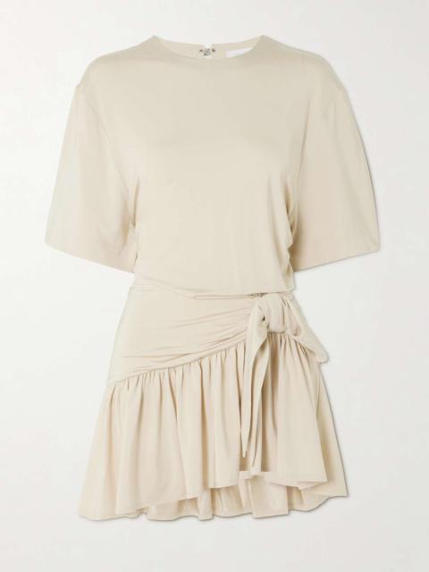 Asymmetric bow-detailed gathered satin-jersey mini dress Neutral