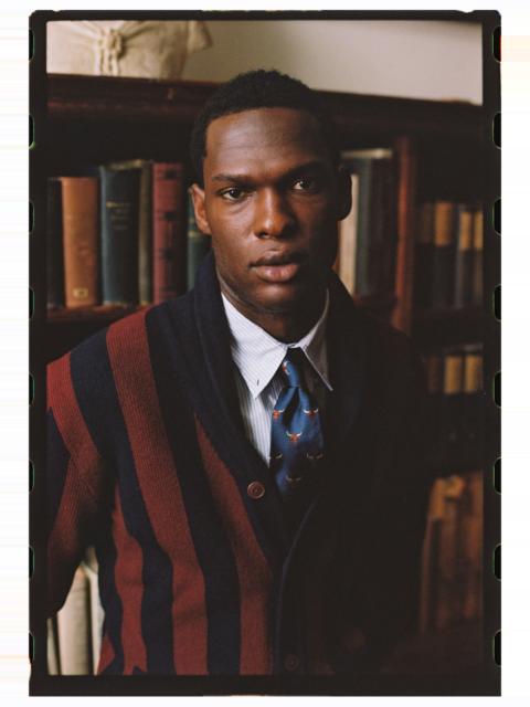 J. PRESS NAVY & BURGUNDY STRIPED VARSITY-STYLE COTTON CARDIGAN - TRIM FIT