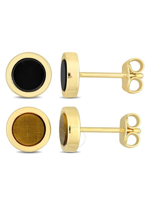 Other Designers Amour Men's 2-Piece Set 1 1/4ct Black Onyx and Tigers Eye Round Stud Earrings in Yellow Silver