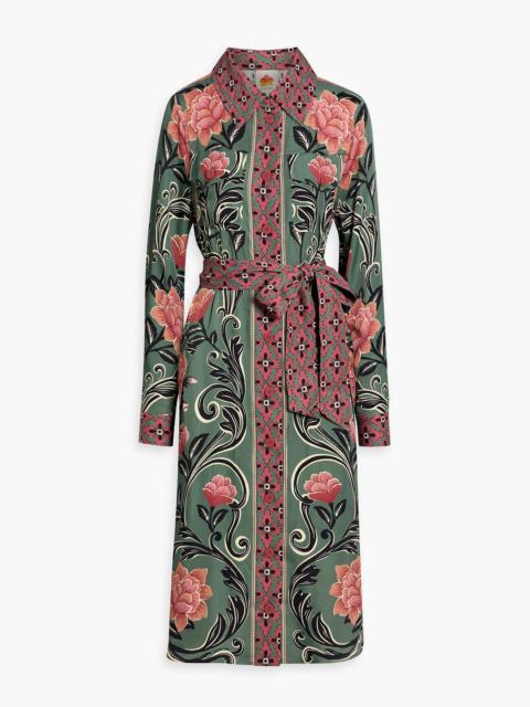 FARM RIO Belted floral-print crepe de chine midi shirt dress